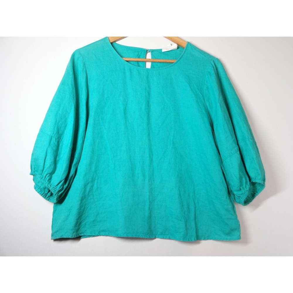 Seed Heritage Linen Blouse Womens 8 Teal Balloon Sleeve Boho Coastal Lagenlook